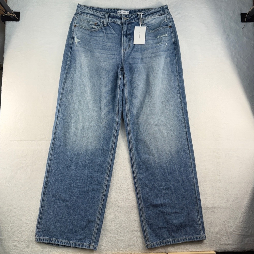 Cello 13 Jeans Low Baggy 90s Straight Wide Leg Distressed Denim Medium Wash Blue - Picture 3 of 15